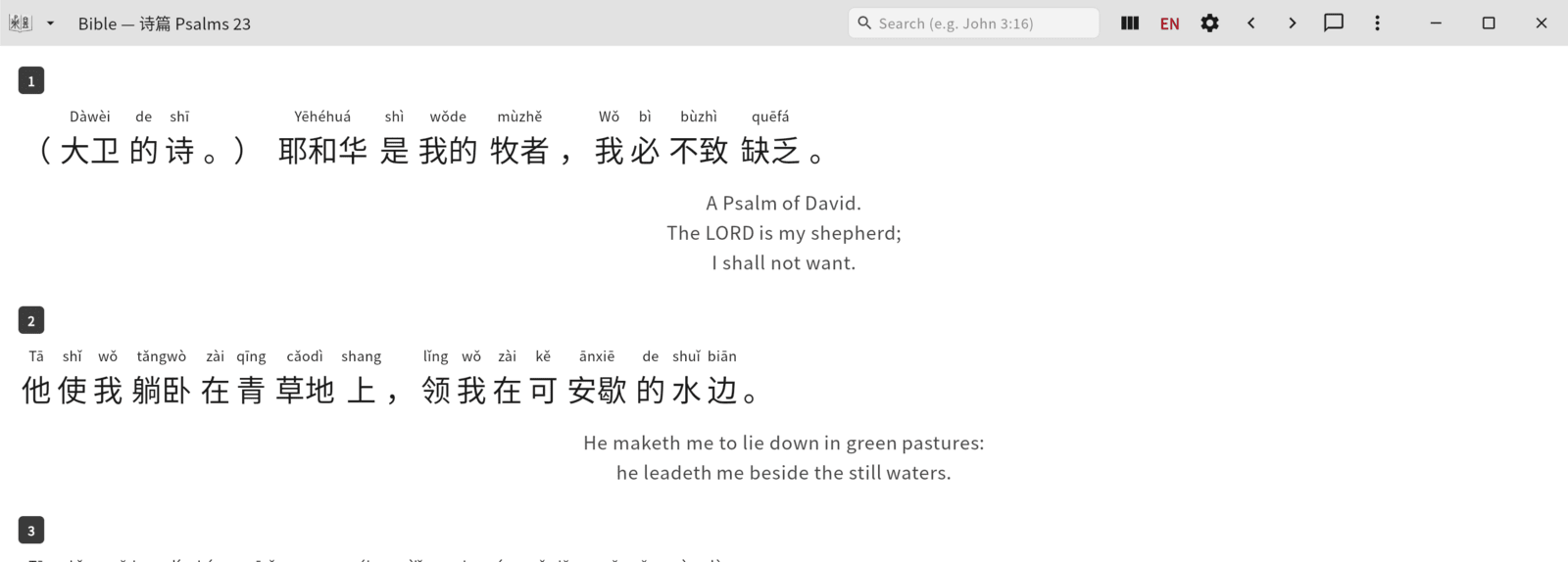 Psalm 23 in the Reader profile: Chinese with pinyin above the King James text