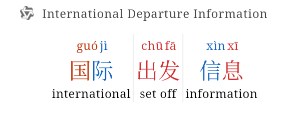 iCE reading the board's heading: 国际 guójì, international; 出发 chūfā, set off; 信息 xìnxī, information