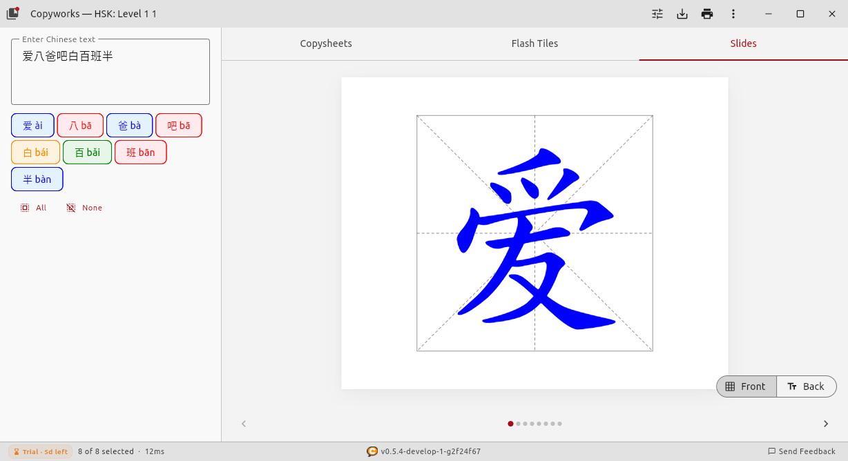 Slides tab showing a single large character in a mi zi ge grid with navigation dots